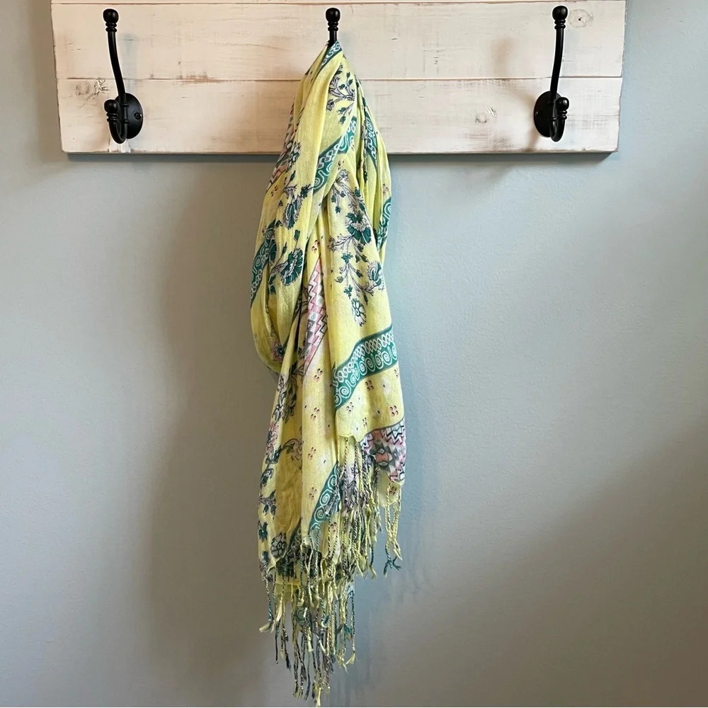 Esprit Bohemian Scarf Pashmina 72x30 Tassels Light Weave Yellow Blue Pink Floral